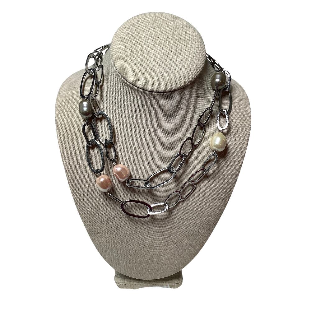 Ann Taylor Silver Tone Multi Strand Chain Link Baroque Pearl Necklace A7-64